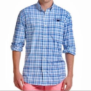 Vineyard Vines Harbor Shirt Plaid Button Down Vented Blue White Men’s Size L